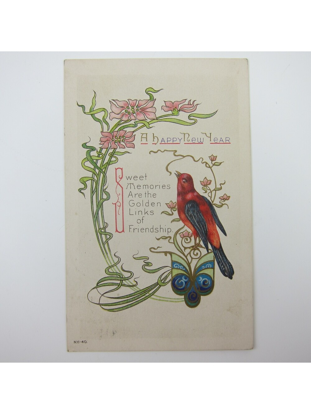 Postcard New Year's Crimson Rosella Bird Red Blue Gold Embossed Antique 1910